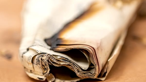 A tightly folded bundle of newsprint with charred, blackened edges resting on a pale wooden surface