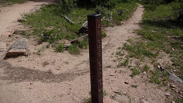 A weathered wooden marker post with carved lettering standing where a dirt trail forks into two paths