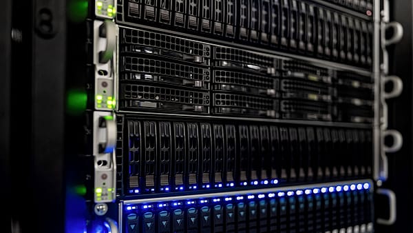 Rack-mounted server chassis packed with drive bays, glowing green status lights and a row of blue indicators