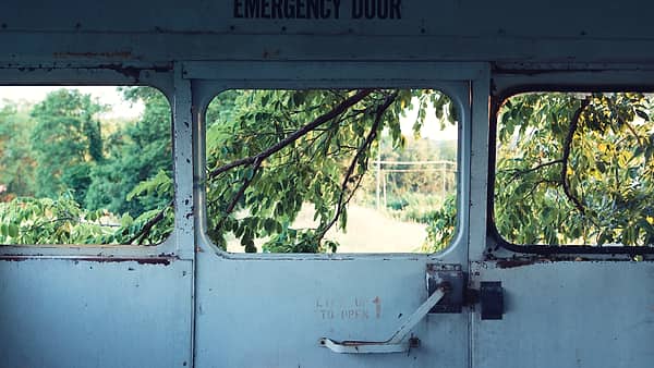 The rear door of an old bus with painted lettering above it and green branches visible through the windows
