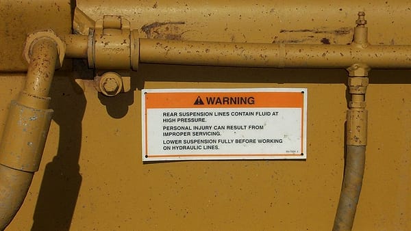 A printed warning tag hanging from a hydraulic fitting on a piece of machinery.